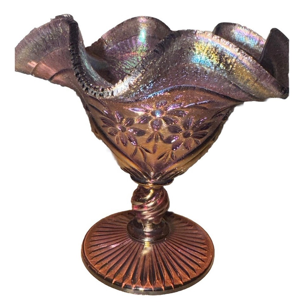 Fenton Amethyst Carnival Glass Daisy and Button Ruffled Compote Pedestal Dish